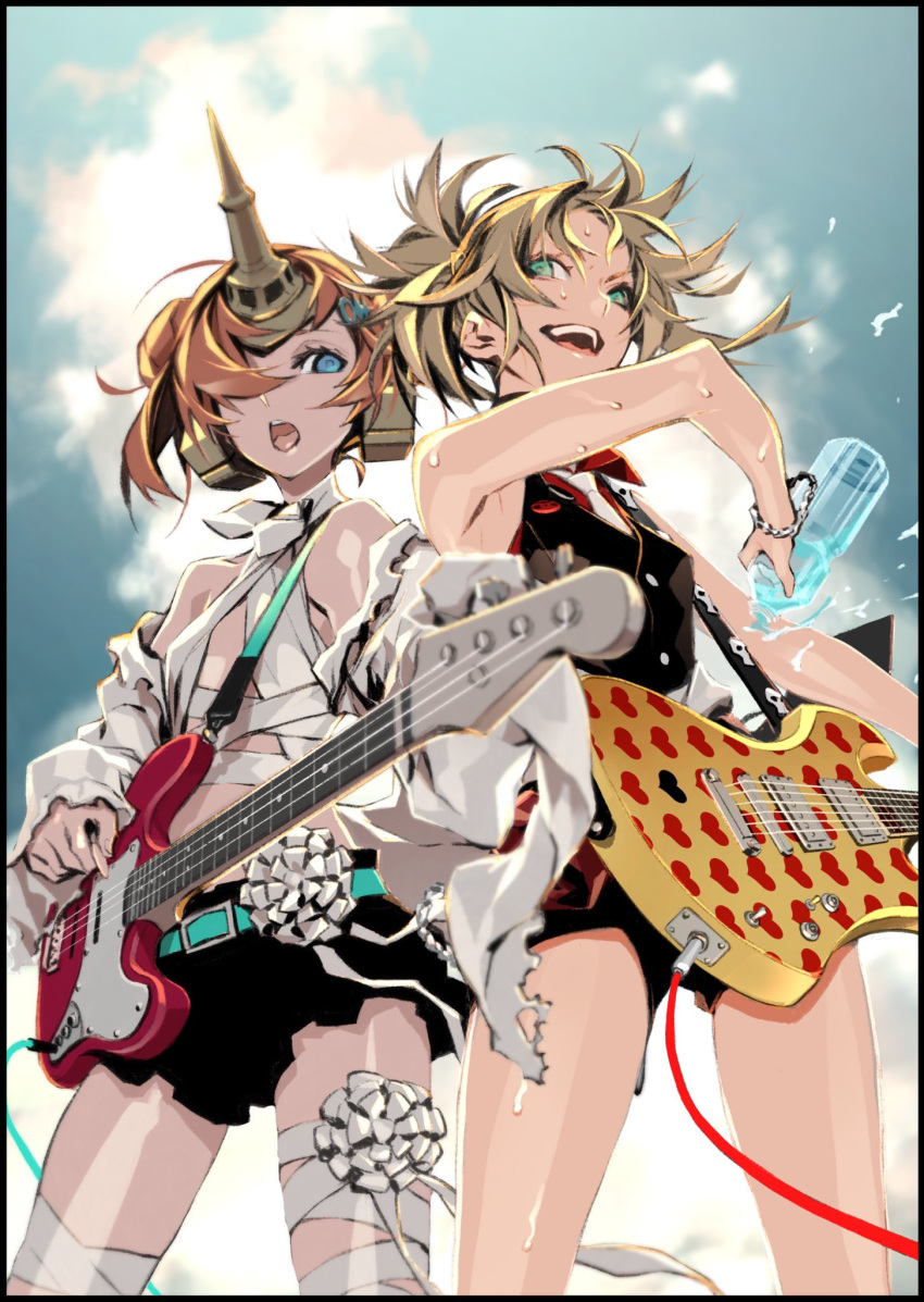 2girls bass_guitar blonde_hair blue_eyes bottle bracelet commentary_request electric_guitar fate/apocrypha fate_(series) fender_jazz_bass fernandes_guitars frankenstein's_monster_(fate) green_eyes guitar hair_over_eyes hair_over_one_eye highres horns instrument jewelry long_hair mechanical_horns miniskirt miwa_shirow mordred_(fate) mordred_(fate/apocrypha) multiple_girls pink_hair plectrum ponytail single_horn skirt sweat water_bottle