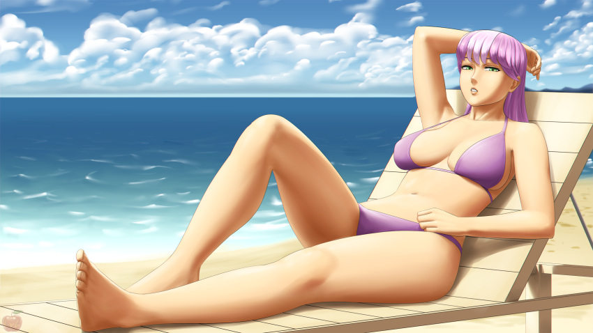 barefoot beach bikini cheerilee cleavage feet female friendship_is_magic green_eyes humanized long_hair lvl my_little_pony navel outdoor purple_hair sitting solo