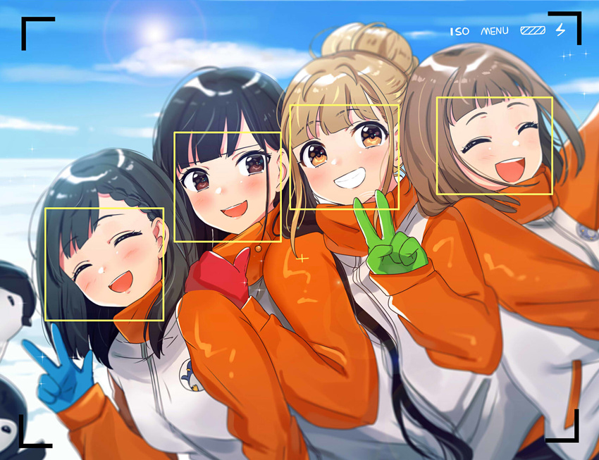 4girls :d bird black_hair blue_gloves blunt_bangs blurry braid brown_eyes brown_hair closed_eyes commentary_request depth_of_field facial_recognition girl_sandwich gloves green_gloves grin hair_bun highres jacket kobuchizawa_shirase long_hair miyake_hinata multiple_girls open_mouth penguin pointing red_gloves sandwiched selfie shiraishi_yuzuki side_braid single_hair_bun smile snow sora_yori_mo_tooi_basho tamaki_mari upper_body v viewfinder w wenquangua