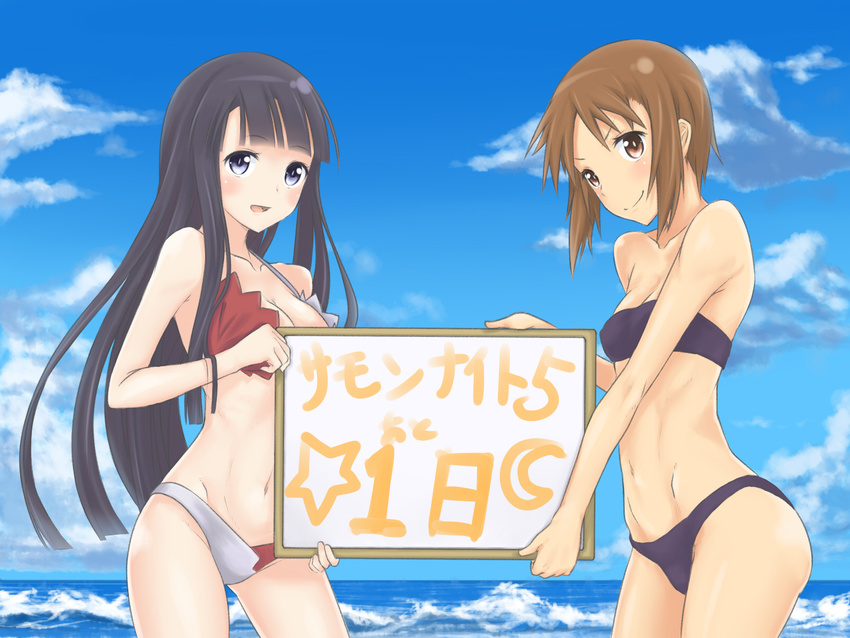 2girls bandeau beach bikini black_eyes black_hair brown_eyes brown_hair commentary_request countdown day hashimoto_natsumi highres higuchi_aya holding holding_sign long_hair multiple_girls ocean outdoors short_hair sign smile summon_night swimsuit translated wantsupanchi!! water