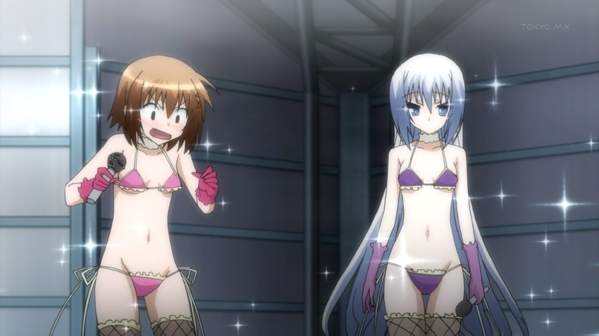 bikini blush eucliwood_hellscythe g_string_bikini haruna_(kore_wa_zombie_desu_ka?) kore_wa_zombie_desu_ka? lace_collar lace_edges long_blue_hair microphone mizugi short_brown_hair sparkles surprised