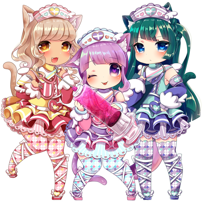 3girls :3 :d ;p animal_ears blue_eyes blue_shirt blue_thighhighs blush brown_eyes brown_legwear cat_ears cat_girl cat_tail chibi chiitamu closed_mouth commentary_request green_hair hand_on_own_hip hat heart heart-shaped_pupils highres holding holding_syringe kemonomimi_mode large_syringe light_brown_hair long_hair long_sleeves manaka_non multicolored_clothes multiple_girls nurse_cap oerba_yun_fang one_eye_closed open_mouth oversized_object pink_footwear pink_legwear pretty_series pripara puffy_long_sleeves puffy_sleeves purple_eyes purple_footwear purple_hair purple_skirt red_footwear scalpel shirt simple_background skirt smile standing standing_on_one_leg stethoscope striped_clothes striped_headwear symbol-shaped_pupils syringe tail tail_raised taiyo_pepper thighhighs tongue tongue_out tsukikawa_chili very_long_hair white_background yellow_skirt