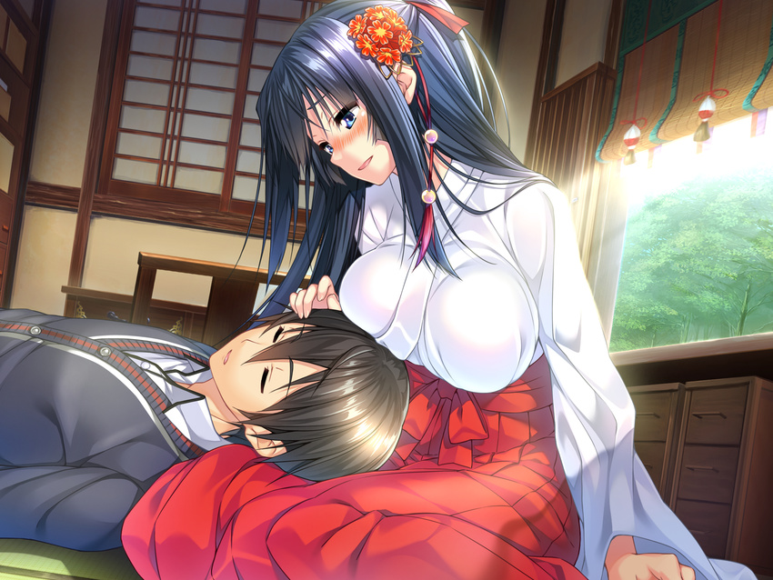 amakano black_hair blue_eyes blush breasts cleavage closed_eyes female game_cg hair_ornament highres long_hair miko open_mouth ornament piromizu takayashiro_sayuki