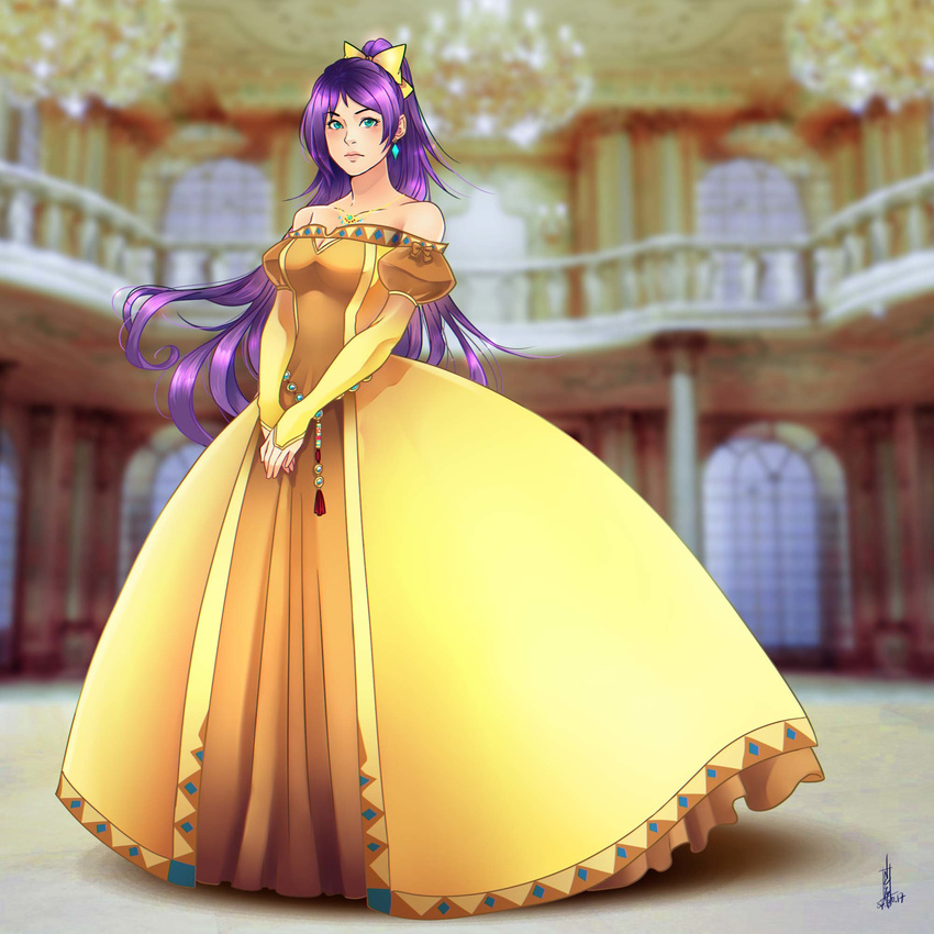 aqua_eyes bare_shoulders blue_eyes blurry blurry_background bow closed_mouth commentary_request dress faris_scherwiz female final_fantasy final_fantasy_5 full_body gown hairbow high_ponytail highres jewelry long_hair necklace ponytail princess princesssarisa sarisa_highwind_tycoon signature solo v_arms very_long_hair yellow_bow yellow_dress