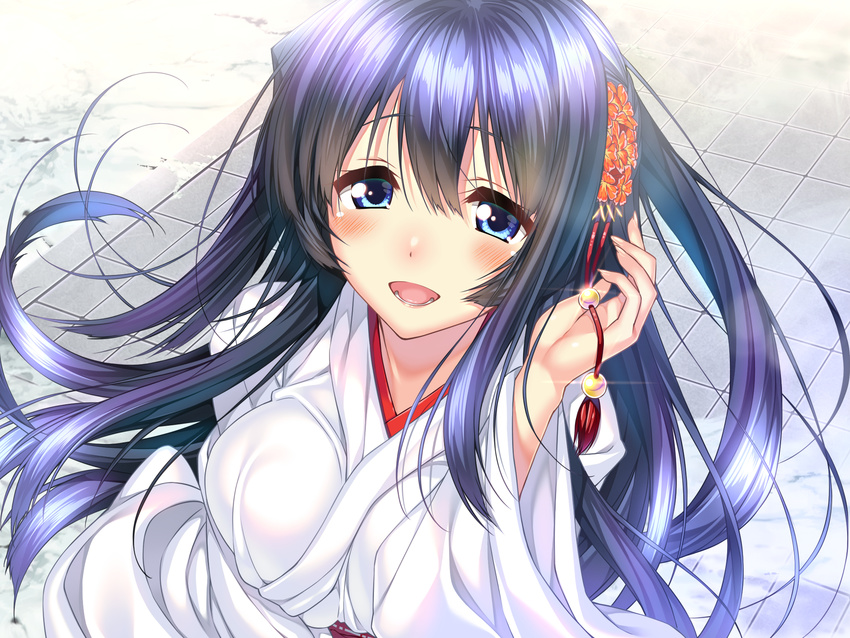 amakano black_hair blue_eyes blush breasts cleavage female flower game_cg hair_flower hair_ornament highres large_breasts long_hair miko open_mouth piromizu takayashiro_sayuki