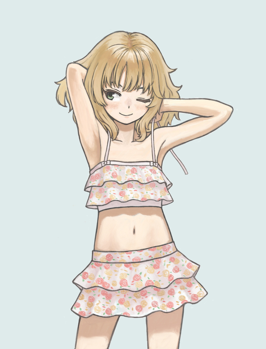 adjusting_clothes adjusting_swimsuit armpits arms_up asagi_noko bikini bikini_skirt blonde_hair blush commentary_request cowboy_shot female floral_print frilled_bikini frills green_eyes highres idolmaster idolmaster_cinderella_girls light_blush navel one_eye_closed sakurai_momoka short_hair simple_background smile solo swimsuit