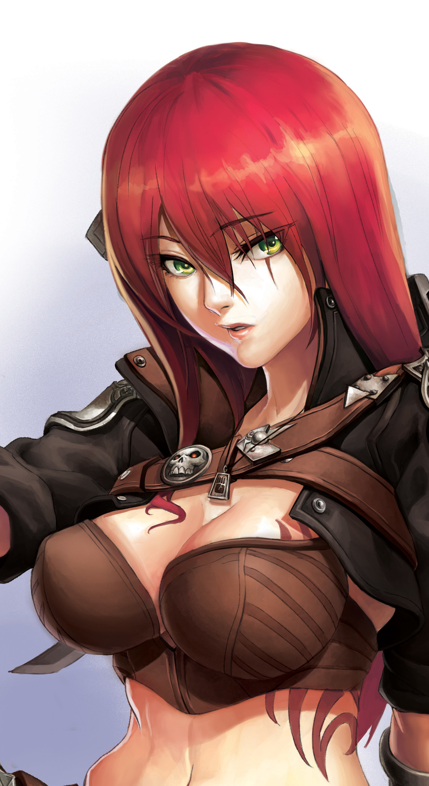 absurdres breasts cleavage commentary_request female green_eyes highres katarina_(league_of_legends) korean_commentary large_breasts league_of_legends long_hair midriff navel oz_(gerbera7) photoshop_(medium) red_hair scar solo