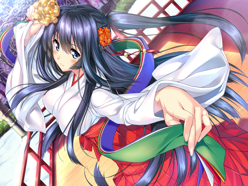 amakano black_hair blue_eyes blush breasts cleavage female flower game_cg hair_flower hair_ornament highres large_breasts long_hair looking_at_viewer miko piromizu takayashiro_sayuki