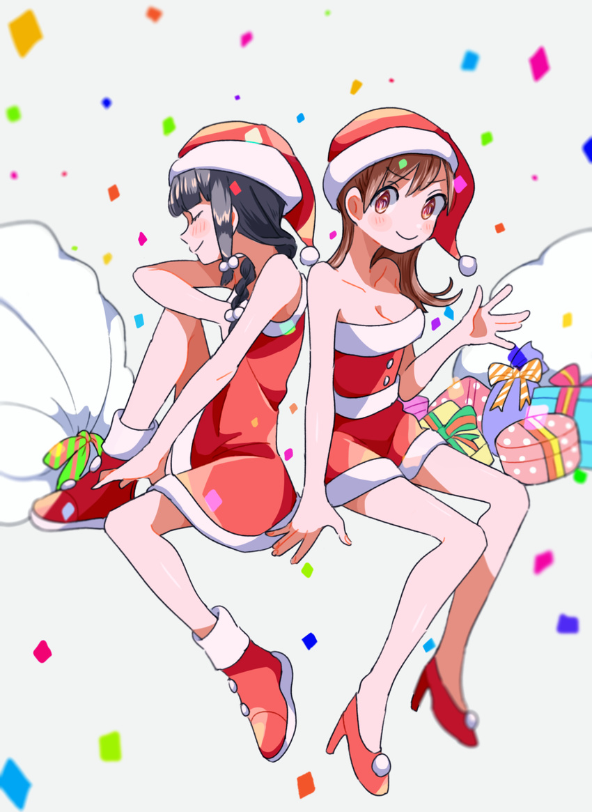 2girls bad_id bad_pixiv_id black_hair box braid brown_eyes brown_hair enji_(nk) gift gift_box hat highres kantai_collection kitakami_(kancolle) long_hair multiple_girls ooi_(kancolle) sack santa_costume smile