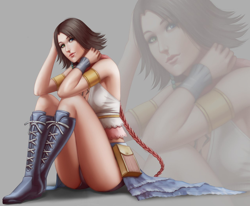 ass audia_pahlevi boots brown_hair female final_fantasy final_fantasy_x final_fantasy_x-2 heterochromia knees_up looking_at_viewer ponytail short_hair sitting solo yuna