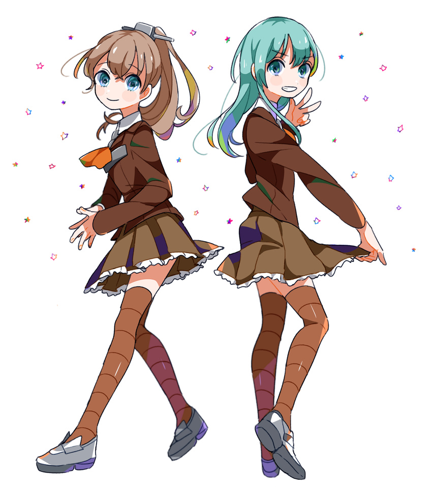 2girls aqua_hair bad_id bad_pixiv_id blue_eyes brown_hair enji_(nk) grin hair_ornament highres kantai_collection kumano_(kancolle) long_hair multiple_girls ponytail smile suzuya_(kancolle) uniform v