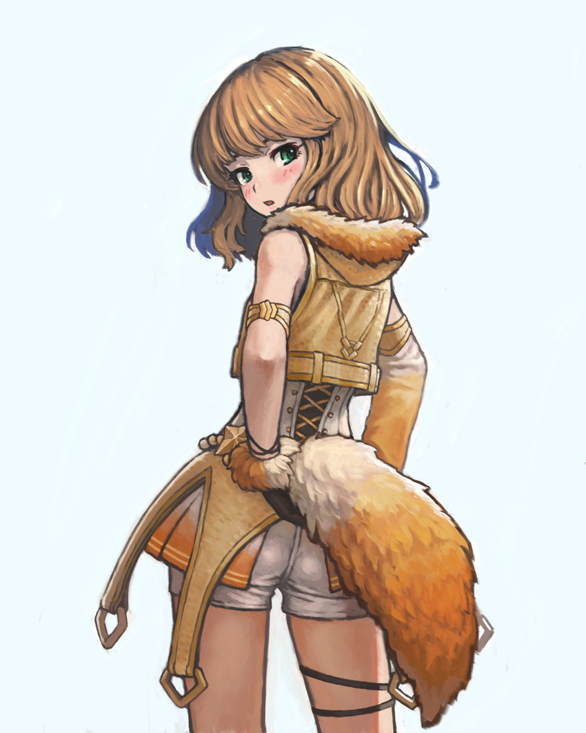 adjusting_clothes armlet asagi_noko ass bare_shoulders blonde_hair blush commentary_request cowboy_shot detached_sleeves embarrassed fake_tail female fox_tail fur_trim gloves green_eyes highres idolmaster idolmaster_cinderella_girls looking_at_viewer looking_back parted_lips party_time_gold_(idolmaster) sakurai_momoka short_hair short_shorts shorts simple_background single_glove single_sleeve sleeveless sleeveless_jacket solo star_(symbol) tail wavy_hair