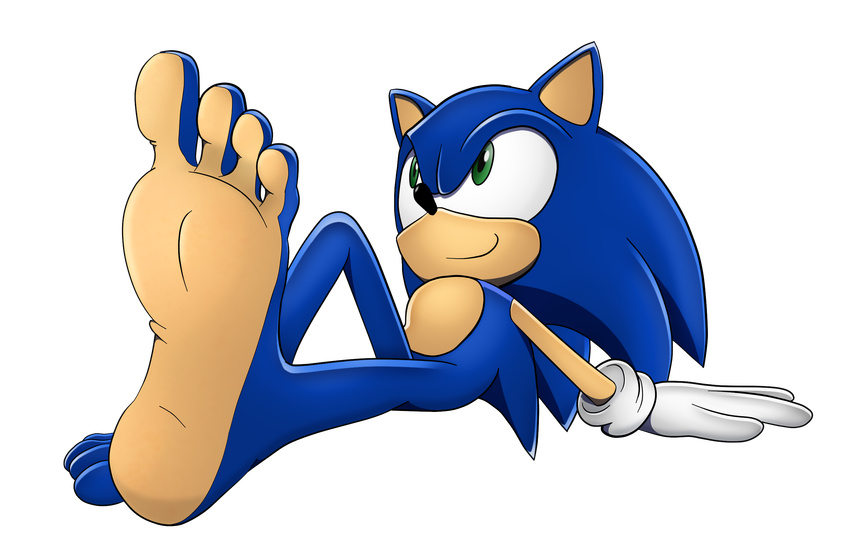 4_toes alpha_channel anthro barefoot big_eyes big_feet big_head biped blue_body blue_fur clothing digital_media_(artwork) eulipotyphlan feet feetymcfoot foot_focus fur gloves green_eyes handwear hedgehog hi_res huge_feet looking_away lying male male_feet mammal plantigrade sega simple_background soles solo sonic_the_hedgehog sonic_the_hedgehog_(series) toes toony