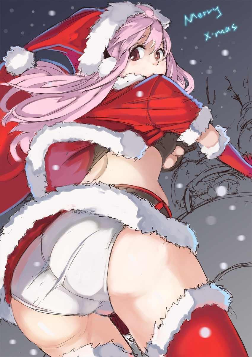 adapted_costume ass breasts christmas commentary female hat headphones highres hikari123456 large_breasts long_hair looking_at_viewer nitroplus open_mouth panties photoshop_(medium) pink_hair red_eyes santa_costume santa_hat solo super_sonico thighhighs underboob underwear