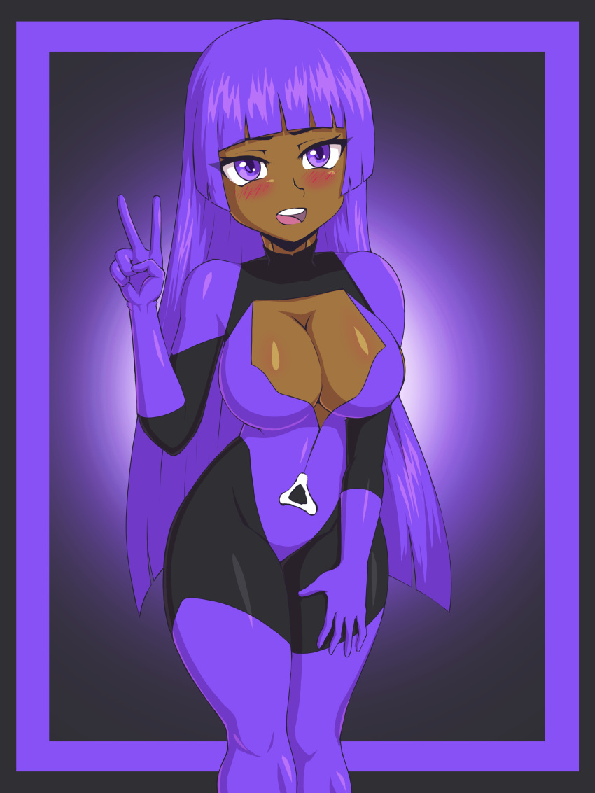 1girls amazon_(company) amazon_luna bosomancer clothed console-tan dark-skinned_female female female_only gaming large_breasts luna-tan peace_sign purple_eyes purple_hair solo