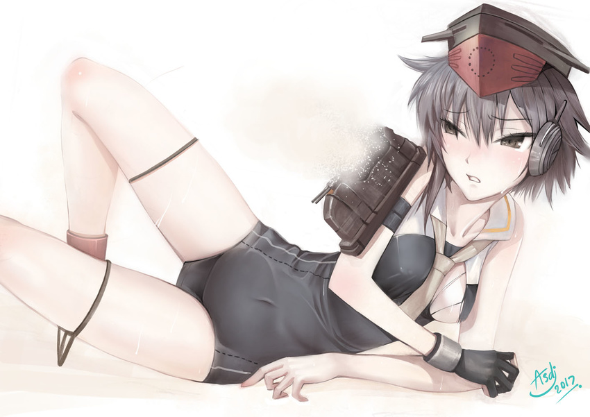 asdj asymmetrical_hair black_hair brown_eyes commentary english_commentary female gloves hair_between_eyes hat headphones i-13_(kancolle) kantai_collection looking_at_viewer lying on_side partially_fingerless_gloves photoshop_(medium) sailor_collar school_swimsuit short_hair single_glove solo swimsuit