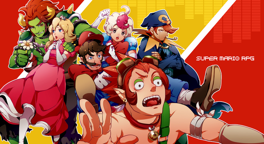 5boys bell blonde_hair bowser bowyer brown_hair collar commentary_request crossed_arms daisy doll_joints dress elbow_gloves female flower geno_(mario) gloves grin hat highres humanization jingle_bell joints mallow_(mario) mario mario_(series) multicolored_hair multiple_boys open_mouth otani_(gloria) princess_peach red_hair sharp_teeth smile smoking_pipe super_mario_rpg teeth two-tone_hair white_hair