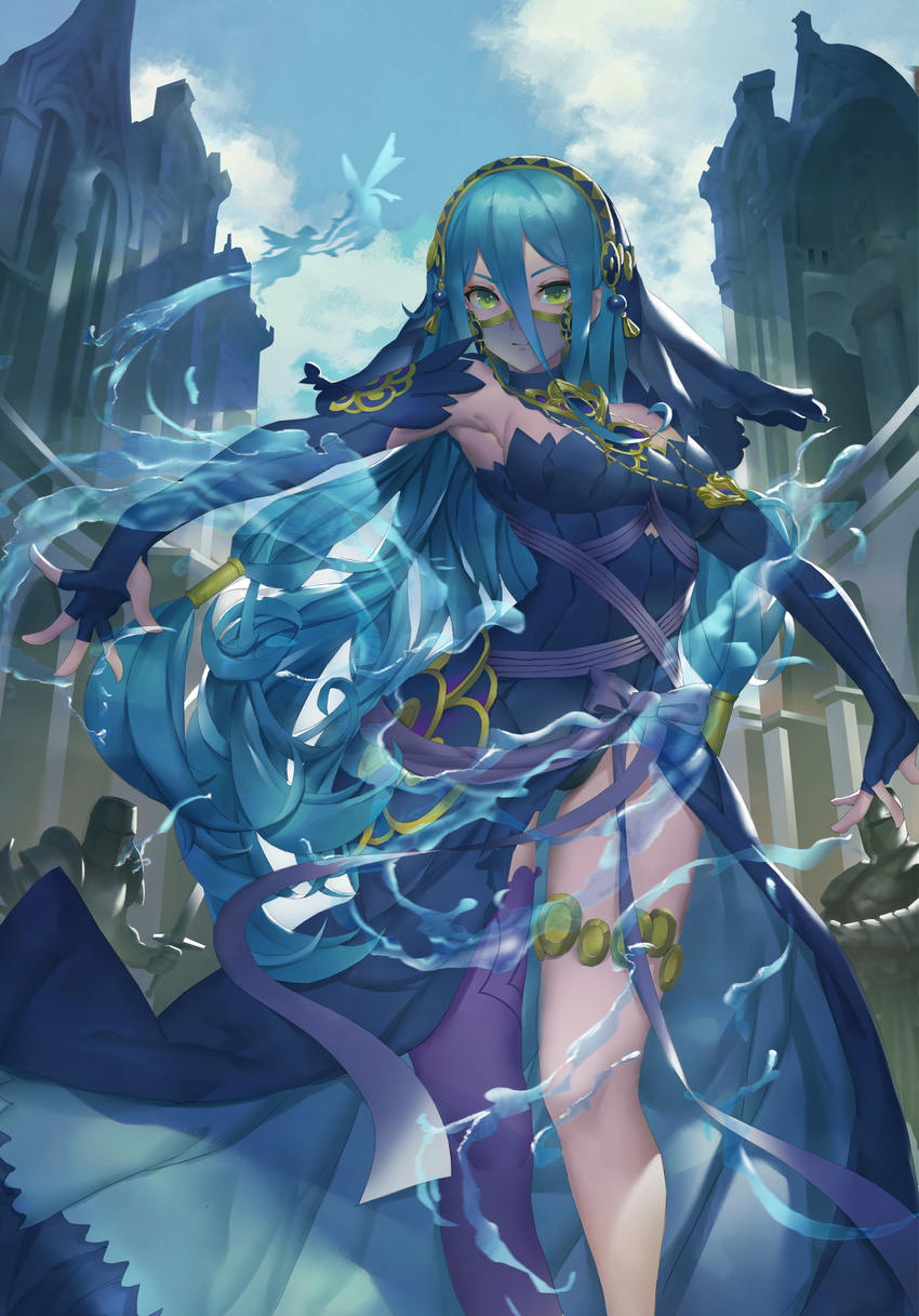 absurdres armor armpits azura_(fire_emblem) azura_(performing_arts)_(fire_emblem) bare_shoulders blue_bow blue_dress blue_gloves blue_hair bow breasts building closed_mouth cloud commentary_request day dress elbow_gloves feet_out_of_frame female fingerless_gloves fire_emblem fire_emblem_fates fire_emblem_heroes gloves green_eyes hair_between_eyes hair_tubes hairband highres hydrokinesis knight long_hair looking_at_viewer low-tied_long_hair mag_(huangmag) md5_mismatch medium_breasts outdoors outstretched_arms photoshop_(medium) purple_legwear see-through single_thighhigh smile solo_focus spread_arms thigh_strap thighhighs v-shaped_eyebrows veil very_long_hair water