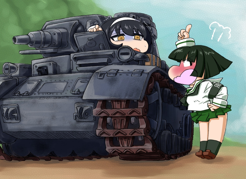 2girls angry black_hair chibi commentary_request girls_und_panzer headwear_request military military_vehicle motor_vehicle multiple_girls ooarai_school_uniform panzer_iv reizei_mako school_uniform short_hair sky sono_midoriko tank tree yunaka_(259808)