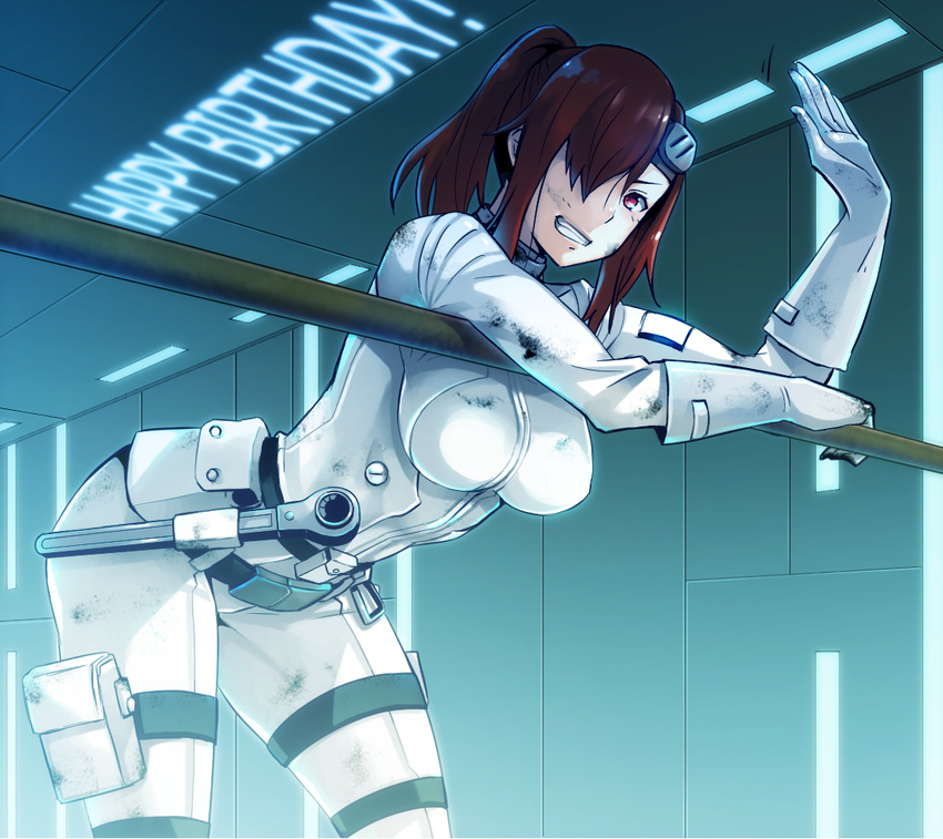 bent_over bodysuit breasts commentary_request dirty dirty_face female gloves grin hair_over_one_eye large_breasts looking_at_viewer ponytail red_eyes red_hair sakuma_tsukasa sasaki_(sidonia_no_kishi) sidonia_no_kishi smile solo teeth white_gloves