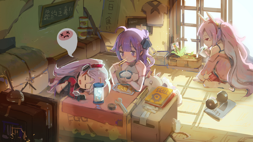 3girls animal_ears azur_lane black_ribbon blush blush_stickers book bowl breasts camisole chopsticks closed_eyes commentary_request day defensive_skill_book_(azur_lane) detached_sleeves dress dumbbell eating electricity hair_bun hair_ornament hair_ribbon hairband head_rest holding holding_bowl holding_chopsticks indoors jacket laffey_(azur_lane) long_hair long_sleeves medium_breasts mole mole_on_breast multiple_girls no_shoes off_shoulder offensive_skill_book_(azur_lane) one_side_up parted_lips photoshop_(medium) pink_jacket pleated_skirt prinz_eugen_(azur_lane) purple_eyes purple_hair rabbit_ears red_eyes red_hairband red_skirt ribbon rice shadowsinking shirt short_sleeves single_hair_bun single_side_bun sitting skirt sleeveless sleeveless_dress sleeves_past_wrists sunlight support_skill_book_(azur_lane) television thighhighs translation_request twintails unicorn_(azur_lane) unworn_shirt very_long_hair wariza water watering white_camisole white_dress white_hair white_shirt white_thighhighs wrench x_x