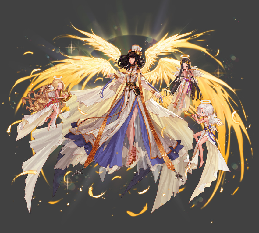 4girls angel angel_wings anklet artist_request barefoot black_hair blue_eyes book brown_hair cross dress dungeon_and_fighter earrings feathered_wings feathers female_crusader_(dungeon_and_fighter) female_priest_(dungeon_and_fighter) flute grey_background hair_ornament halo hat head_wreath high_heels highres horn_(instrument) instrument jewelry long_hair lyre multiple_girls music open_mouth outstretched_hand playing_instrument profile see-through very_long_hair white_dress white_hair white_hat white_wings wings yellow_wings