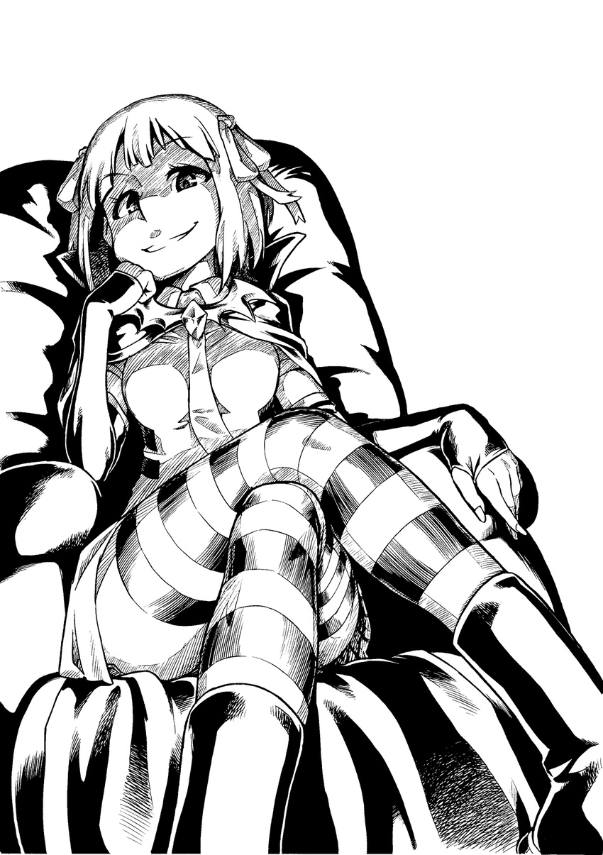 amami_haruka boots commentary_request damu_ningen dark_haruka female fingerless_gloves gloves greyscale grin hair_ribbon head_rest highres idolmaster idolmaster_(classic) monochrome ribbon shaded_face short_hair sitting smile solo striped_clothes striped_thighhighs thighhighs zettai_ryouiki