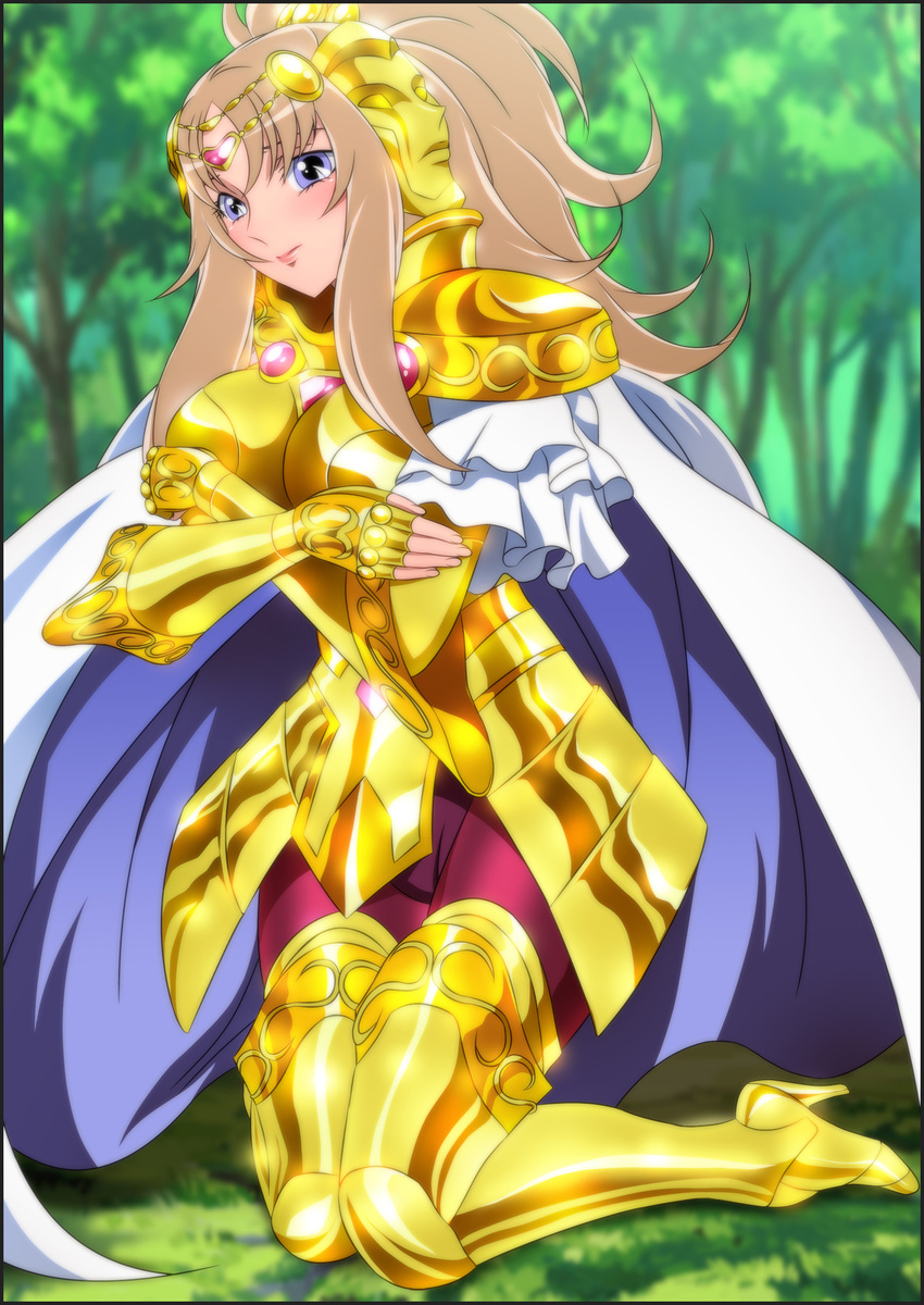 aquila_yuna armor blonde_hair blue_eyes blush breasts cape cosplay covering female forest gemini_paradox grass high_heels highres kneeling large_breasts long_hair looking_at_viewer nature ponytail saint_seiya saint_seiya_omega shoes solo tree trees wavy_hair yadokari_genpachirou