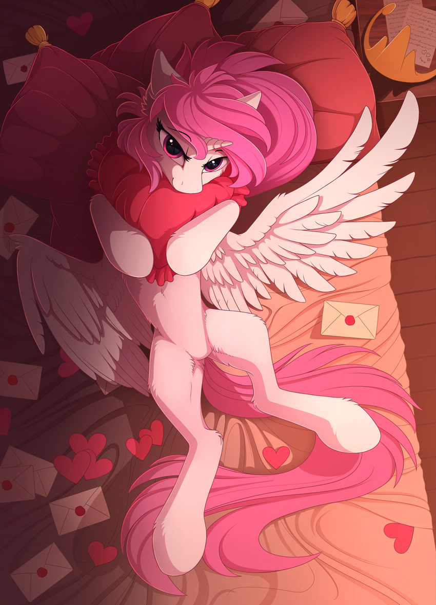 2017 alicorn bed best_princess crown equid equine feathers female feral friendship_is_magic fur furniture hair hasbro headgear heart_symbol hi_res horn letter looking_at_viewer lying mammal my_little_pony mythological_creature mythological_equine mythology nude on_back pillow pink_hair pink_tail purple_eyes royalty smile solo spread_legs spreading tail tiara unicorn_horn white_body white_feathers white_fur wings yakovlev-vad young