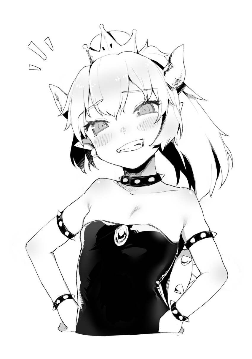 ^^^ aged_down armlet bad_id bad_twitter_id bare_shoulders blush bowsette bracelet breasts collar collarbone commentary cropped_torso crown dress earrings fangs female gem greyscale grin hair_between_eyes hands_on_own_hips head_tilt high_ponytail highres horns jewelry little_mare looking_at_viewer mario_(series) medium_hair monochrome new_super_mario_bros._u_deluxe parted_bangs pointy_ears ponytail raised_eyebrows sharp_teeth simple_background small_breasts smile solo spiked_armlet spiked_bracelet spiked_collar spiked_shell spikes strapless strapless_dress super_crown tail teeth turtle_shell upper_body