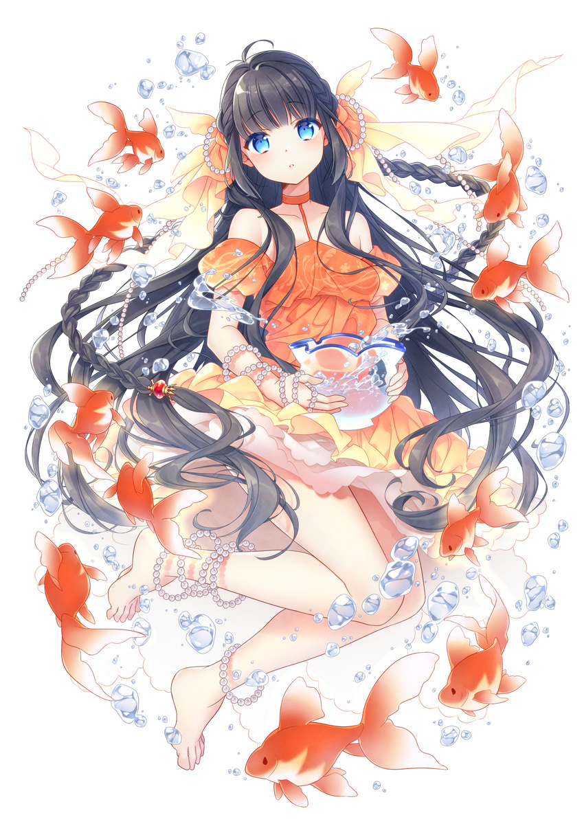 animal bad_id bad_pixiv_id bare_shoulders barefoot black_hair blue_eyes blush bowl bubble choker collarbone commentary_request dress female fish fishbowl full_body goldfish hair_ribbon head_tilt highres holding holding_bowl jewelry levka long_hair looking_at_viewer necklace orange_choker orange_dress orange_ribbon original parted_lips pearl_necklace puffy_short_sleeves puffy_sleeves ribbon short_sleeves solo very_long_hair water white_background