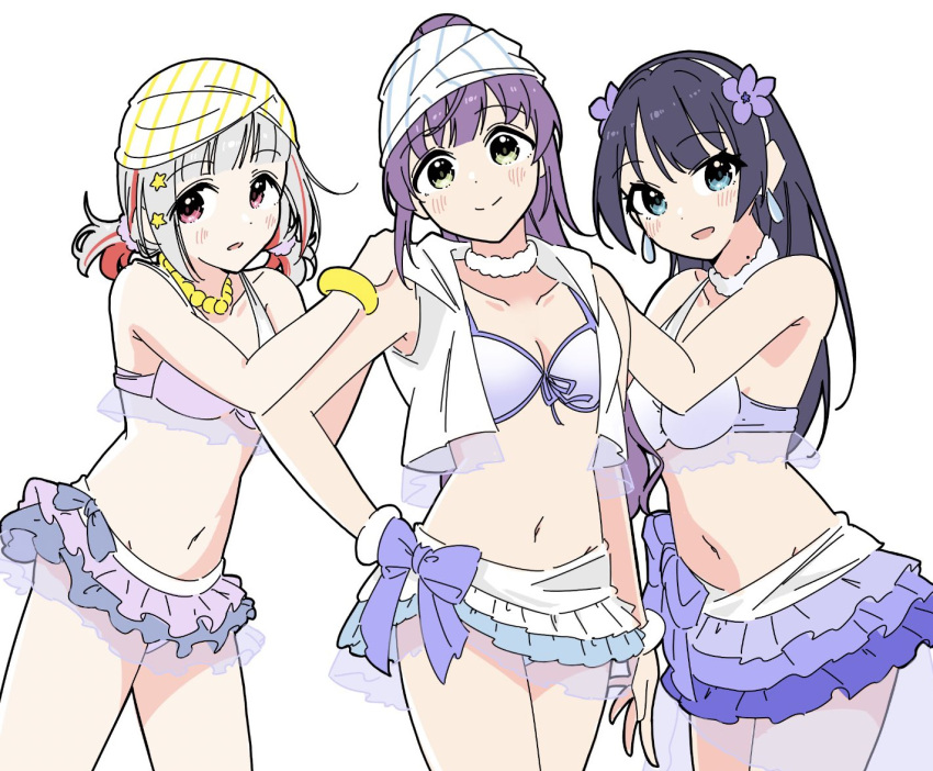 3girls ayase_eli ayase_eli_(cosplay) bandana bead_bracelet beads bikini bikini_skirt blue_eyes blue_hair blush bracelet breasts cleavage collarbone commentary_request cosplay cowboy_shot cropped_jacket dark_blue_hair diagonal_bangs flower flower_hairband frilled_bikini frills front-tie_bikini_top front-tie_top fur_choker gradient_bikini green_eyes grey_hair hair_ornament hair_scrunchie hairband hand_on_another's_shoulder high_ponytail jacket jewelry link!_like!_love_live! llkapital long_hair love_live! love_live!_school_idol_project low_twintails medium_breasts medium_hair mole mole_on_neck multicolored_hair multiple_girls murano_sayaka natsuiro_egao_de_1_2_jump! navel otomune_kozue pink_eyes ponytail purple_bikini purple_flower purple_hair purple_scrunchie red_hair scrunchie short_twintails sidelocks simple_background sleeveless sleeveless_jacket sonoda_umi sonoda_umi_(cosplay) stomach streaked_hair striped_bandana swimsuit tojo_nozomi tojo_nozomi_(cosplay) twintails virtual_youtuber white_background white_bandana white_hairband white_jacket yugiri_tsuzuri