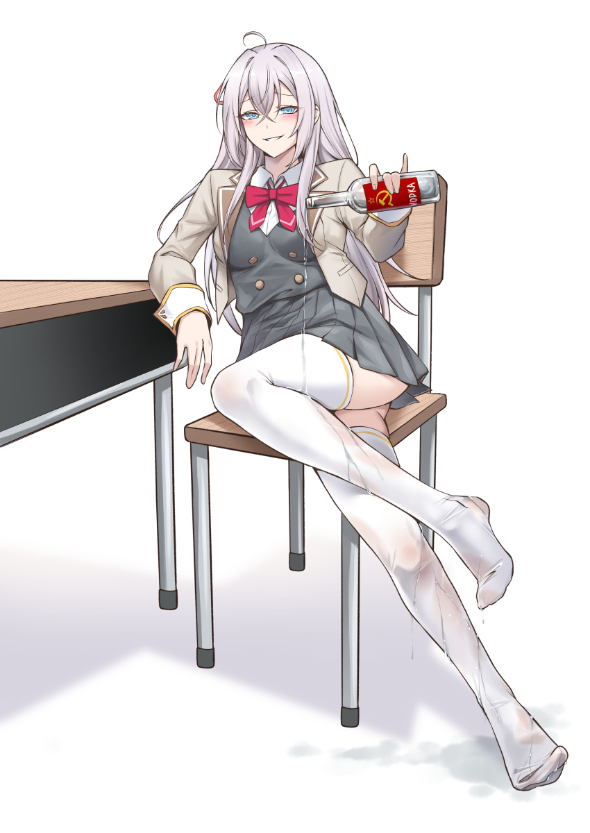 absurdres ahoge alcohol alisa_mikhailovna_kujou blazer blush bottle chair collared_shirt crossed_bangs desk elbow_rest evil_grin evil_smile feet female full_body green_skirt grey_jacket grey_sweater_vest grin hair_ribbon hammer_and_sickle highres holding holding_bottle jacket long_hair long_sleeves looking_at_viewer lsf_(805661342) miniskirt neck_ribbon on_chair pleated_skirt red_ribbon ribbon school_chair school_desk school_uniform shirt sitting skirt smile solo spilling sweater_vest thighhighs thighs tokidoki_bosotto_roshia-go_de_dereru_tonari_no_arya-san vodka wet_thighhighs white_hair white_shirt white_thighhighs zettai_ryouiki