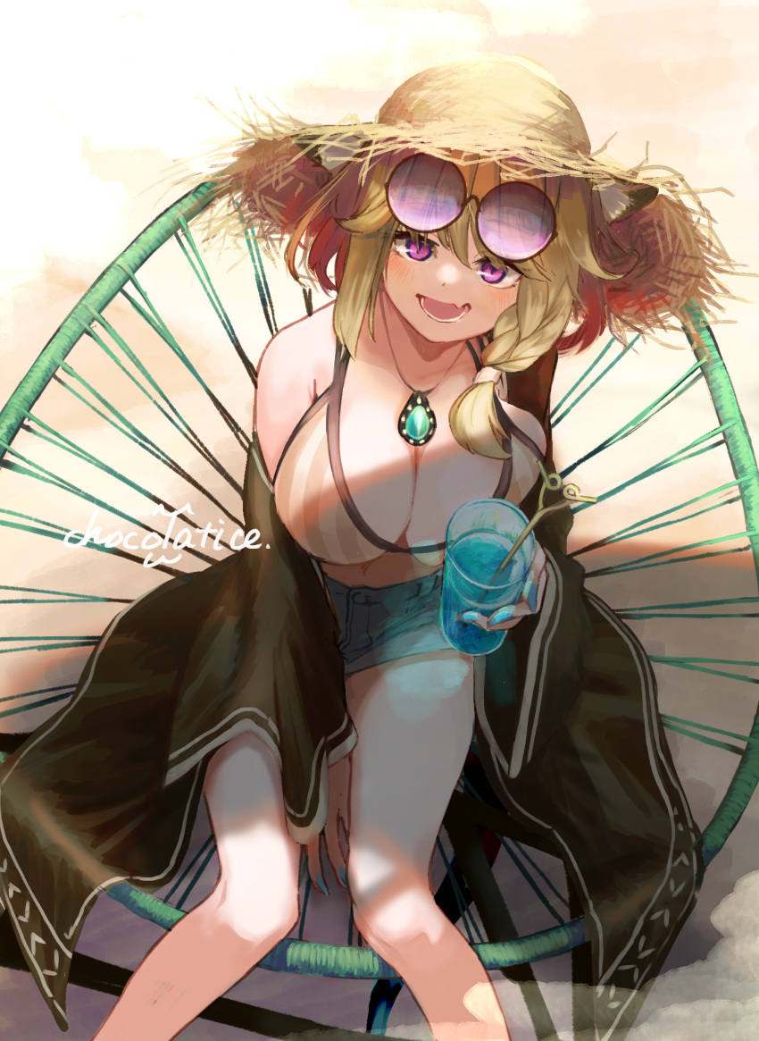 animal_ear_fluff animal_ears aqua_nails arknights bikini breasts brown_hair chocolatice cleavage cup eyewear_on_head female hat highres holding holding_cup jewelry large_breasts looking_at_viewer necklace open_mouth outdoors purple_eyes short_shorts shorts sitting smile solo straw_hat striped_bikini striped_clothes swimsuit utage_(arknights) utage_(summer_flowers)_(arknights)