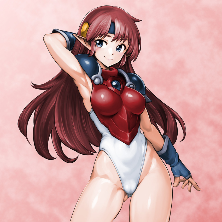 arm_behind_head arm_up armor armpits ass_visible_through_thighs blue_eyes blush breastplate breasts closed_mouth commentary_request elbow_gloves elf female fingerless_gloves gloves gradient_background headband highleg highleg_leotard highres leotard lips long_hair mail_(popful_mail) medium_breasts minamoto80486 pointy_ears popful_mail purple_hair shiny_skin shoulder_armor shoulder_pads simple_background smile solo thighs white_leotard