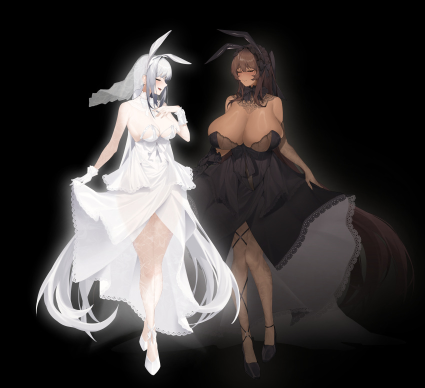 2girls absurdres alternate_costume animal_ears befe black_background black_dress blanc_(nikke) breasts brown_hair dark-skinned_female dark_skin dress fake_animal_ears full_body goddess_of_victory:_nikke highres huge_breasts multiple_girls noir_(nikke) rabbit_ears simple_background white_dress white_hair