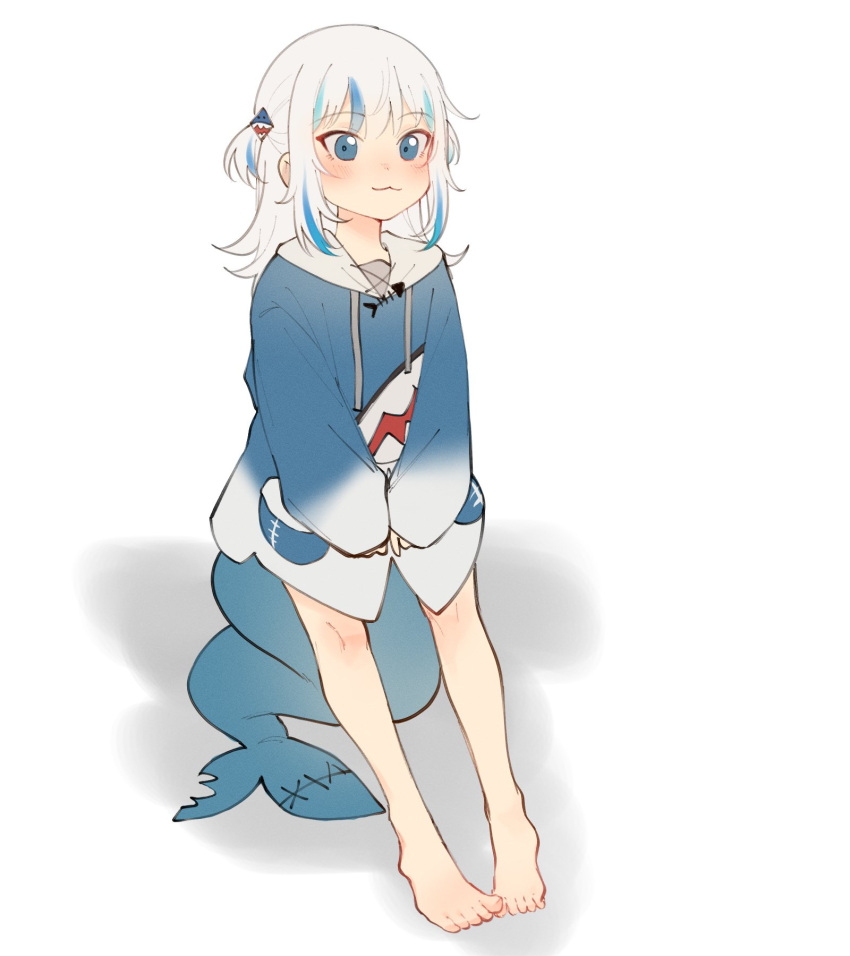 :3 barefoot blue_eyes blue_hair blue_hoodie blunt_bangs blush commentary drawstring english_commentary feet female fins fish_tail gawr_gura gawr_gura_(1st_costume) grey_hair hair_ornament highres hololive hololive_english hood hood_down hoodie long_sleeves mittsu multicolored_hair own_hands_together shark_girl shark_tail simple_background sitting_on_own_tail sleeves_past_wrists solo standing streaked_hair tail toes two_side_up virtual_youtuber white_background