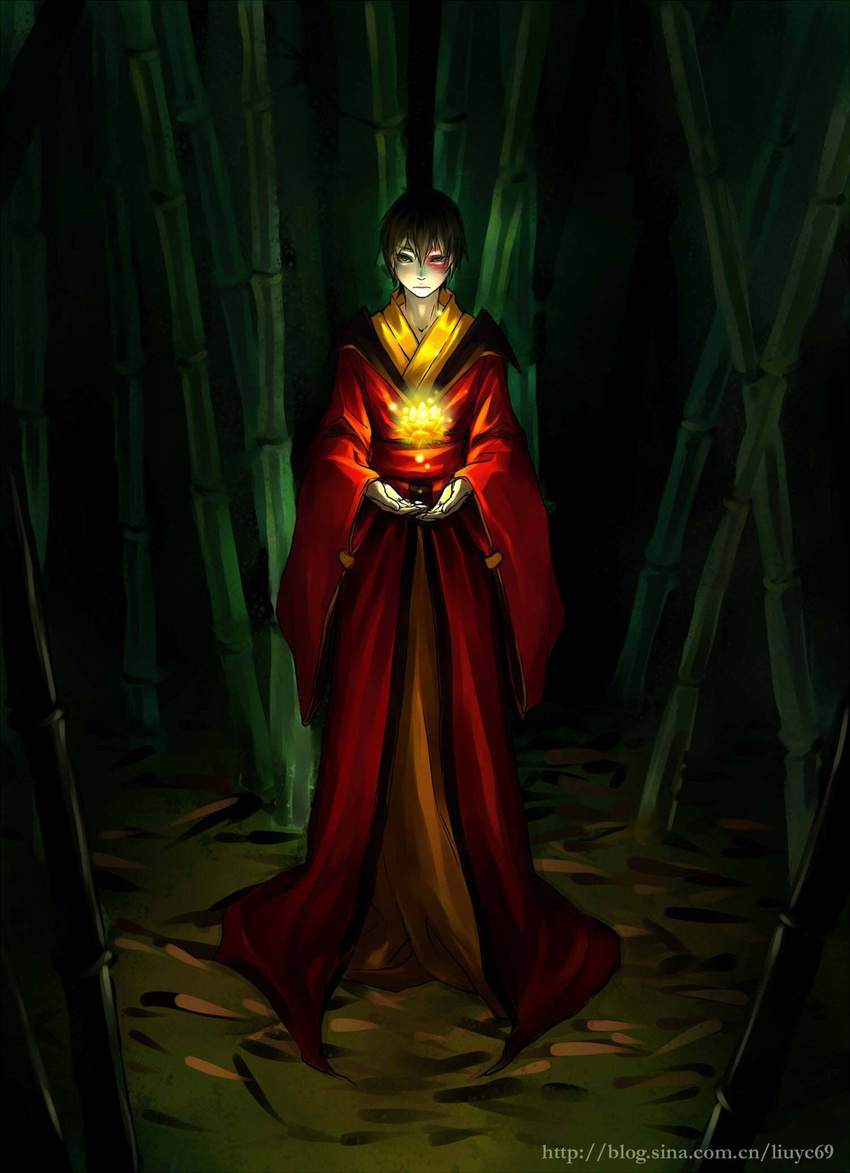 1boy avatar:_the_last_airbender avatar_legends bamboo bamboo_forest black_hair brown_hair chinese_clothes commentary_request fire flower forest hanfu highres lotus male_focus nature photoshop_(medium) scar solo yoku_(liuyc) zuko