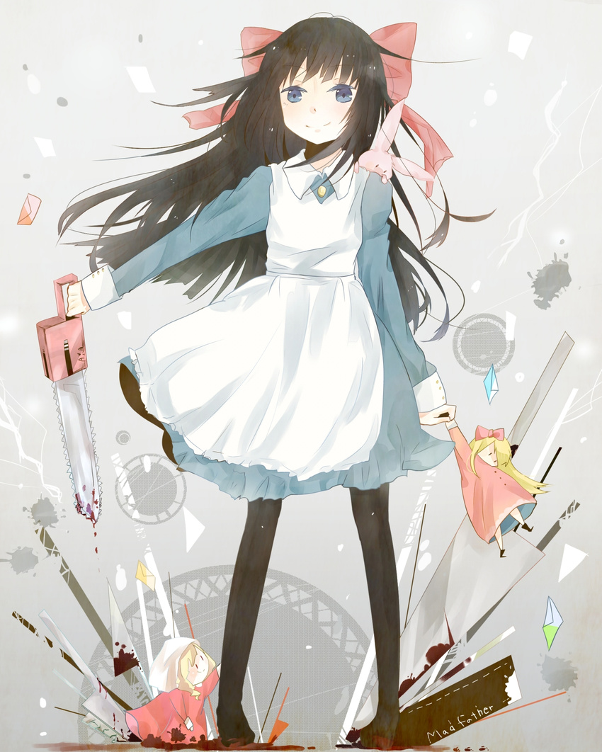 absurdres aya_drevis black_hair blood blue_eyes bow chainsaw commentary_request doll female hairbow highres hiite-usagi letter long_hair mad_father pantyhose rabbit smile snowball_(mad_father) solo weapon