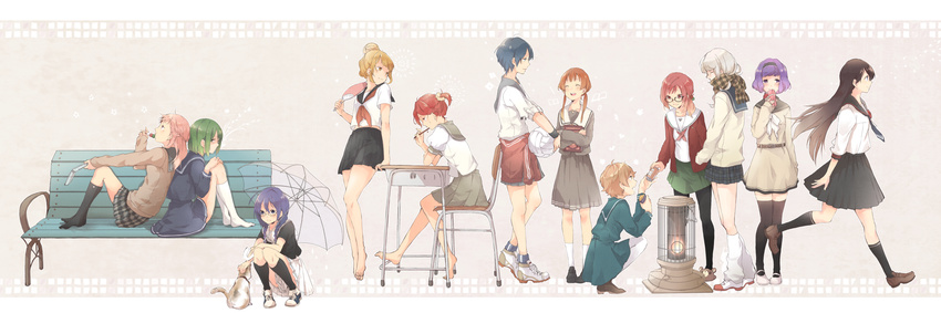 6+girls ^_^ bad_id bad_pixiv_id barefoot bench black_hair blue_eyes blue_hair box braid brown_hair can closed_eyes commentary desk eating feline gift glasses grey_hair gym_uniform hair_bun hairband hand_fan heater highres kei_(k_tmr) kerosene_heater long_hair multiple_girls original pantyhose pencil ponytail purple_eyes purple_hair red_hair scarf school_desk school_uniform serafuku shoes short_hair shorts single_hair_bun sitting skirt sleeves_rolled_up smile sneakers squatting sweater symbol-only_commentary thighhighs transparent transparent_umbrella twin_braids twintails umbrella volleyball