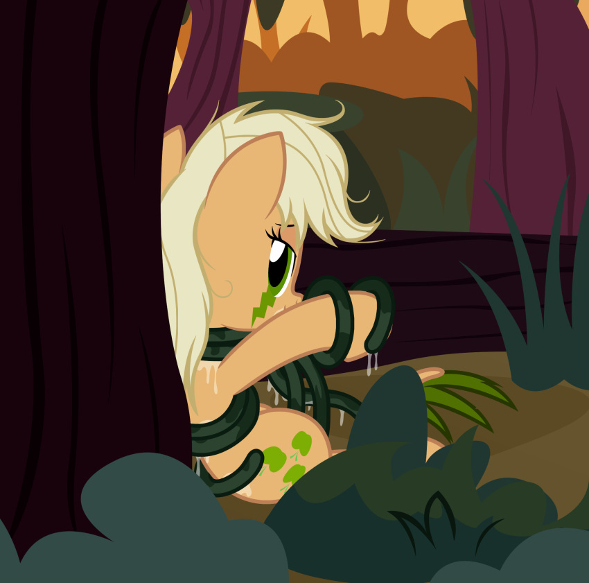 2018 applejack_(mlp) badumsquish blonde_hair bound equid equine female feral forest friendship_is_magic green_eyes hair hasbro hi_res horse long_tongue looking_at_viewer looking_back mammal mean_applejack_(mlp) messy_hair my_little_pony plant pony sitting solo tatzlpony tatzlwurm tentacle tentacle_tongue tongue tree