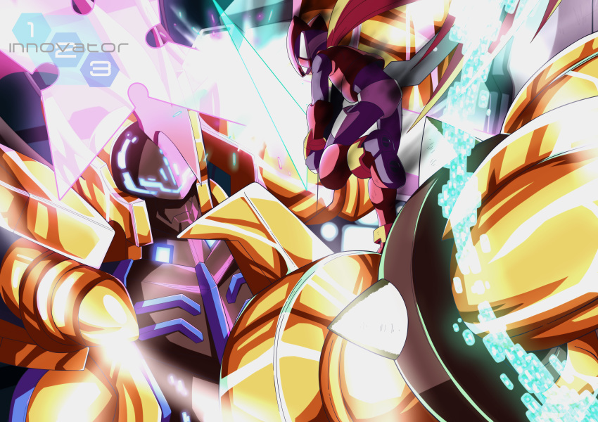 2boys absurdres android armor battle beam_saber blonde_hair bodysuit commentary duel energy_blade energy_sword english_commentary gloves glowing gold_armor helmet highres holding innovator123 long_hair mega_man_(series) mega_man_zero_(series) mega_man_zero_3 multiple_boys omega_(mega_man) robot sword weapon z_saber zero(z)_(mega_man) zero_(mega_man)