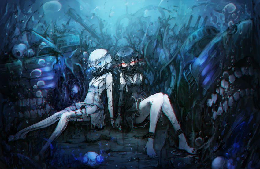 2girls abyssal_ship abyssal_twin_princess_(black) abyssal_twin_princess_(white) ankle_wrap barefoot black_hair blue_eyes commentary_request dress elbow_gloves gloves glowing glowing_eyes highres kajaneko kantai_collection looking_at_viewer multiple_girls nail_polish oxygen_mask red_eyes short_hair thighhighs toeless_legwear toenail_polish toenails underwater white_hair