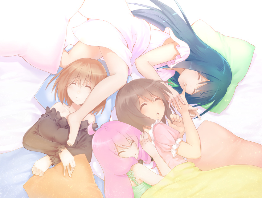 4girls absurdres bandou_marimo blue_hair brown_hair circle_formation closed_eyes commentary_request finger_sucking highres multiple_girls oshimoto_yuri pillow pink_hair piyo_(p_i_y_o) puffy_short_sleeves puffy_sleeves shinjou_kanae_(teekyuu) short_sleeves sleeping takamiya_nasuno teekyuu