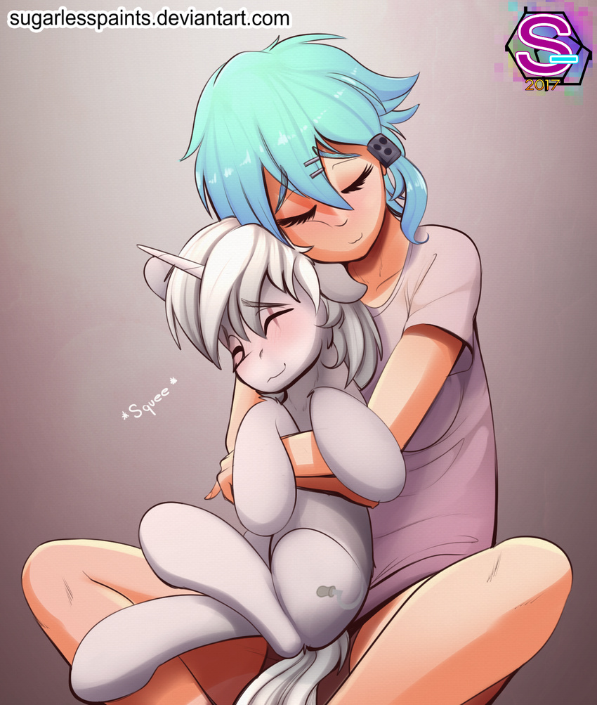 blue_eyes blue_hair closed_eyes conditional_dnp crossover cuddling duo equid equine fan_character female hair hasbro hi_res horn hug human male mammal my_little_pony mythological_creature mythological_equine mythology shino_asada silver_sickle_(oc) smile sugarlesspaints sword_art_online text unicorn url