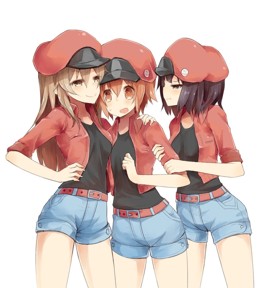 3girls aa-5100 ae-3803 arashiya arm_grab belt black_shirt cabbie_hat commentary_request girl_sandwich hand_on_another's_shoulder hat hataraku_saibou highres jacket multiple_girls nt-4201 pout red_blood_cell_(hataraku_saibou) red_hair red_jacket sandwiched shirt smile