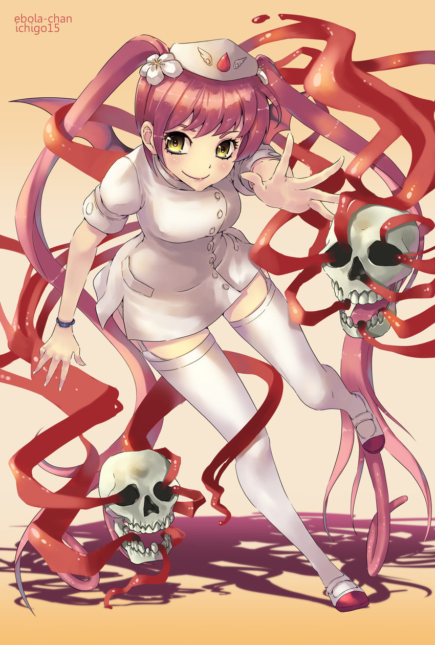 absurdres blush character_name commentary_request ebola-chan female flower full_body garter_straps hair_flower hair_ornament hat highres long_hair looking_at_viewer nurse nurse_cap original palms personification pink_hair shadow side_slit skull smile solo teeth thighhighs time_(fiftean) twintails very_long_hair yellow_eyes zettai_ryouiki