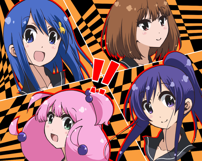 4girls absurdres ahoge alpaca_hair_ornament bandou_marimo blue_eyes blue_hair brown_eyes brown_hair commentary green_eyes hair_bobbles hair_ornament head_only highres long_hair multiple_girls oshimoto_yuri parody patterned_background persona persona_4 pink_hair piyo_(p_i_y_o) red_ribbon ribbon sailor_collar shinjou_kanae_(teekyuu) short_hair split_screen takamiya_nasuno teekyuu