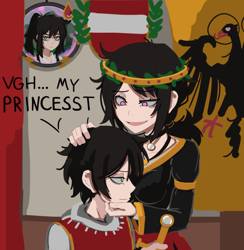 1boy 2girls andrew_graves ashley_graves austrian_flag black_choker black_hair black_shirt breasts brother_and_sister choker closed_mouth crown english_text flag_of_the_holy_roman_empire green_eyes half-closed_eye highres jewelry jitome kurokimoko long_hair looking_at_another looking_at_viewer mother_(the_coffin_of_andy_and_leyley) multiple_girls necklace oerba_yun_fang open_mouth pink_eyes ponytail red_tabard shirt short_hair siblings sidelocks small_breasts tabard the_coffin_of_andy_and_leyley