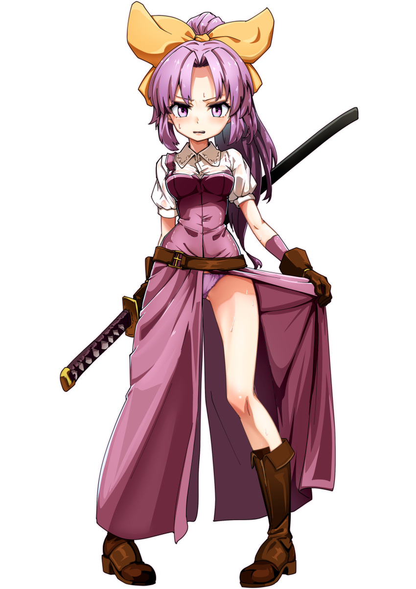 absurdres boots bow clothes_lift dress dress_lift female frown full_body hairbow highres kikoka_(mizuumi) panties pigeon-toed ponytail purple_dress purple_eyes purple_hair purple_panties sheath sheathed shirt simple_background solo standing sword touhou underwear watatsuki_no_yorihime weapon white_background white_shirt yellow_bow